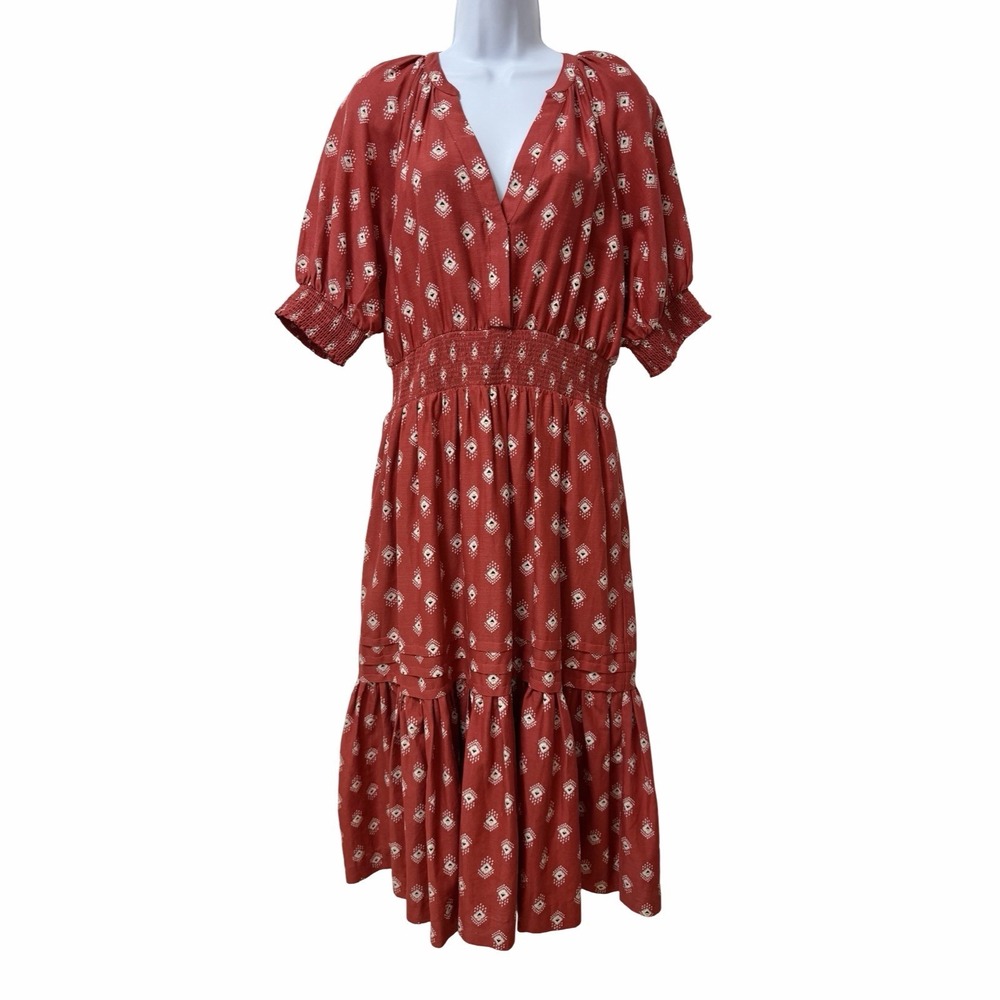 Anthropologie Somerset Smocked Tiered Midi Dress Size SP Rust Geometric Bohemian
